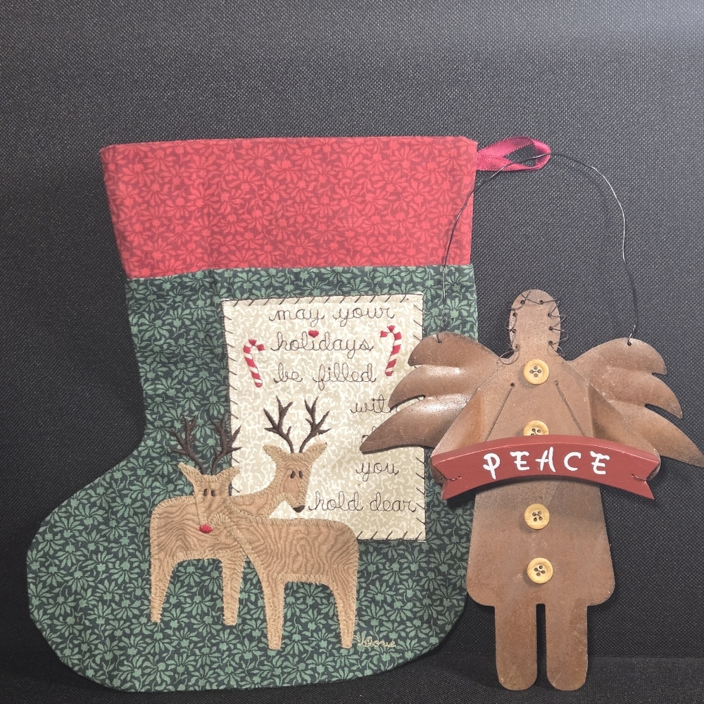 Holiday Stocking with Reindeer and Angel Ornament